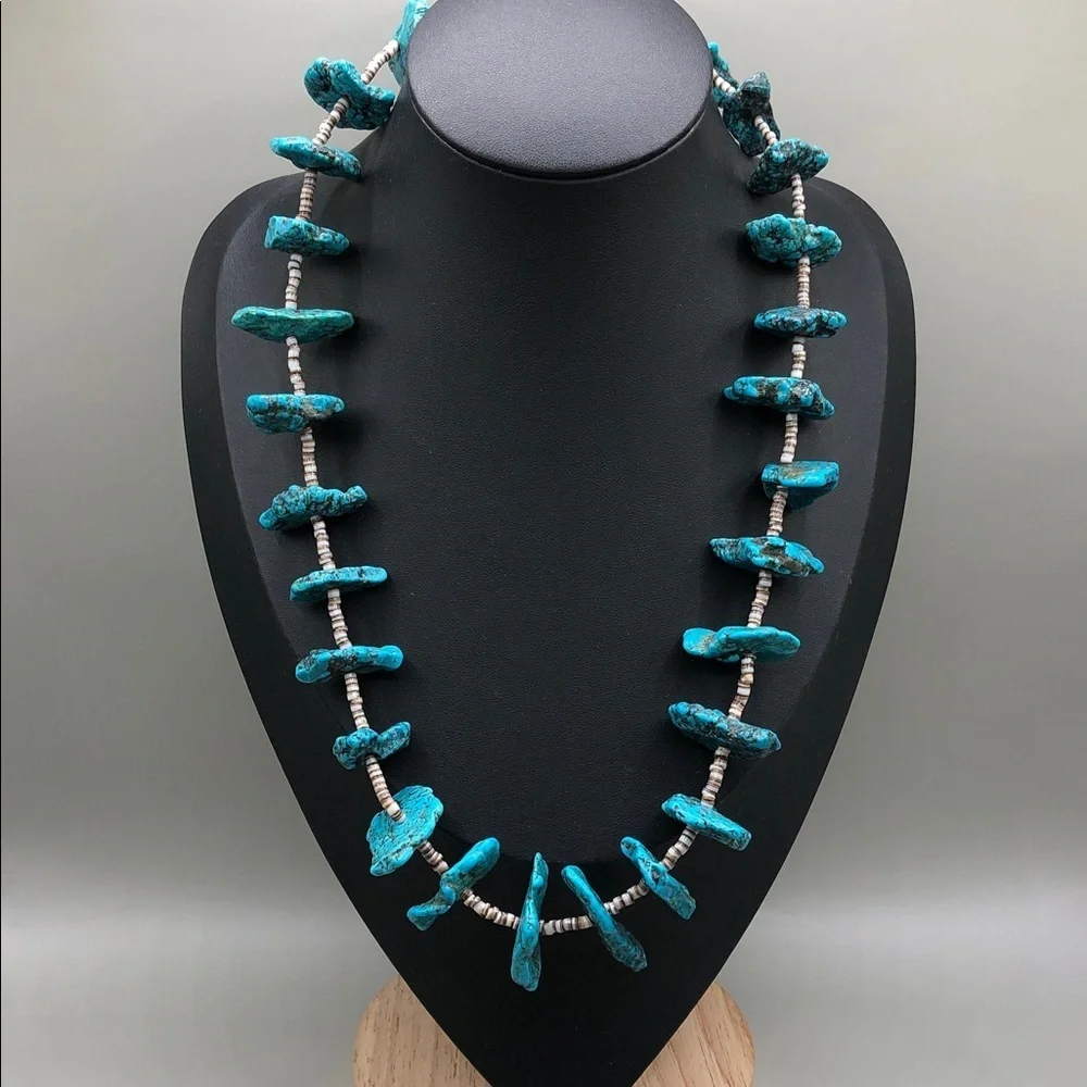 Vintage Southwestern Turquoise Nugget and Heishi Bead Necklace Sterling Silver